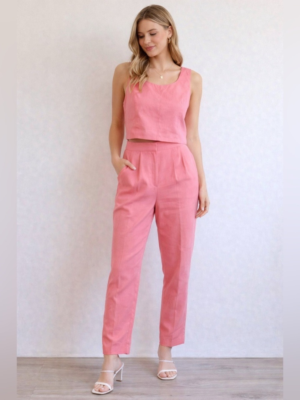Positive Attitude Pink Coral Linen Blend 2 Piece Set Top Pants Size 12
